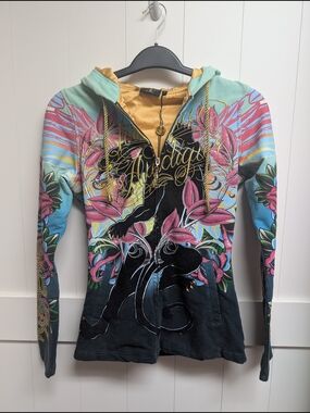 Christian Audigier Black Multicolor Floral Panther Zip-Up Hoodie, Small